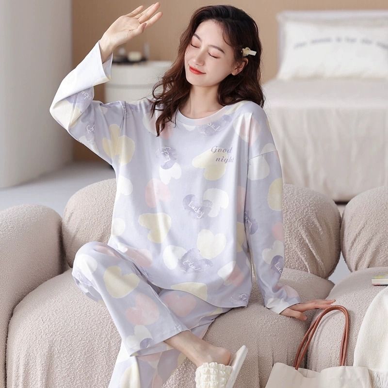 Spring and Autumn New Round Neck Milk Silk Loose Board Long Sleeve Pants Student Cute Cartoon Pajamas Women's Home Clothes