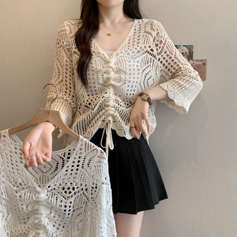 Real shot-2025 large-size women's clothing spring and summer new style fat girl fashionable age-reducing lace hollow embroidered drawstring top