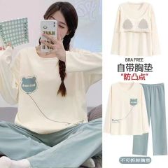 Spring pajamas with chest pad for women's long-sleeved trousers two-piece pajamas round neck pullover printed home clothes can be worn outside