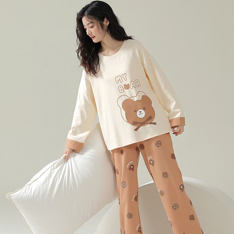 Pajamas for women in spring and autumn long sleeves thin milk silk cute cartoon two-piece set casual home clothes