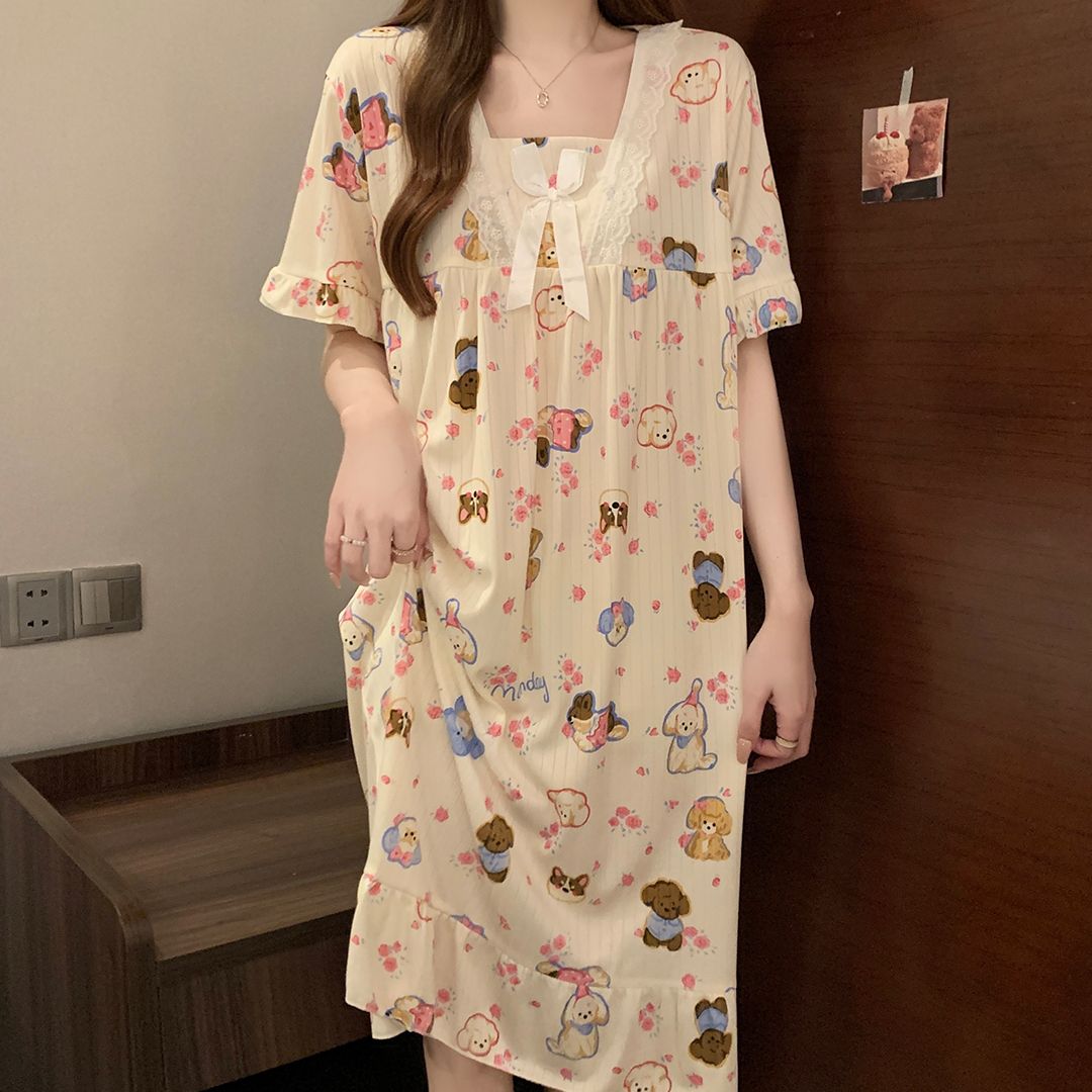 Summer milk silk pit strip lace lace square collar short-sleeved nightgown women's home clothes body dress