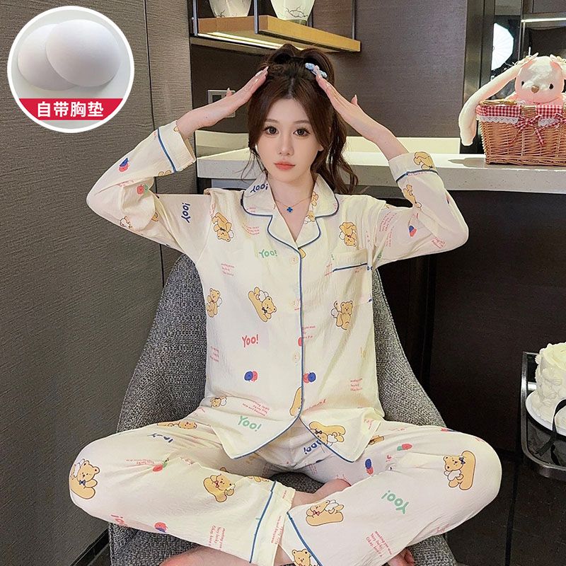Spring cloud cotton with chest pad lapel cardigan long-sleeved pajamas women's suit home clothes