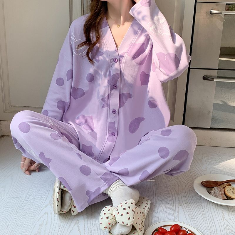 Spring imitation cotton sweet V-neck cardigan long sleeve trousers pajamas women's suit casual home clothes