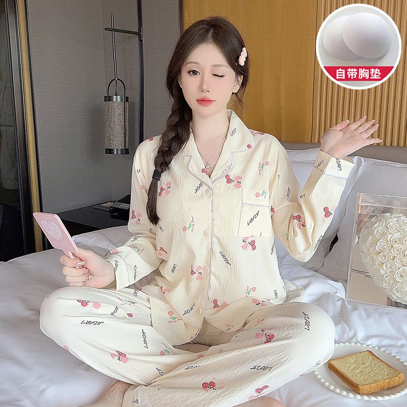 Spring cloud cotton with chest pad lapel cardigan long-sleeved pajamas women's suit home clothes