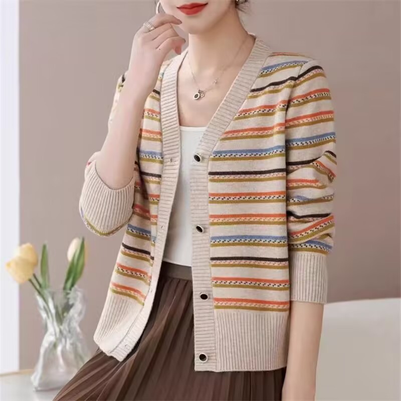 2025 autumn new women's middle-aged sweater cardigan temperament versatile color striped knitted jacket casual top