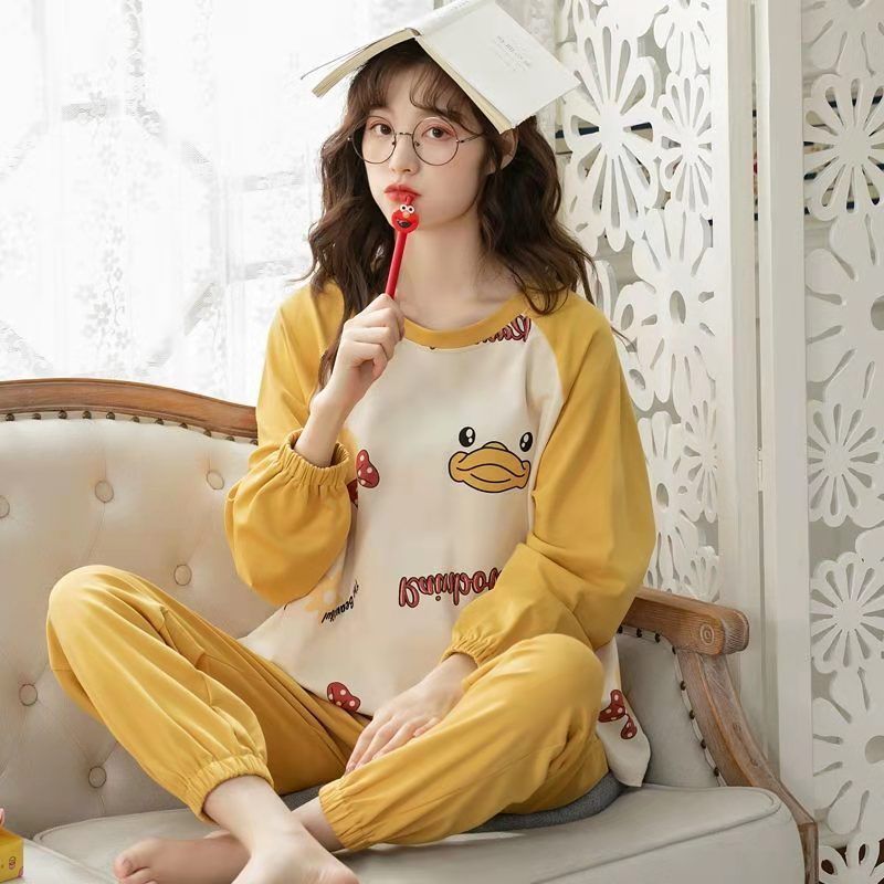 Pajamas for women in spring and autumn long sleeves thin milk silk cute cartoon two-piece set casual home clothes