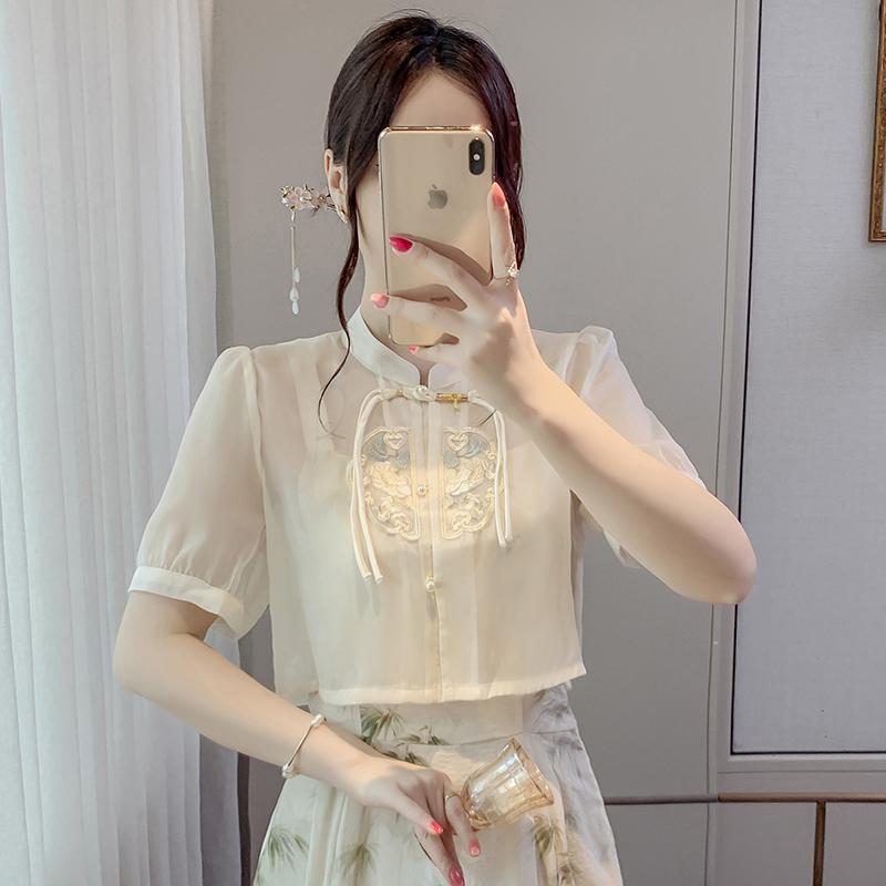 New Chinese style embroidered stand collar button sunscreen shirt for women in summer with suspender skirt top thin sunscreen clothes