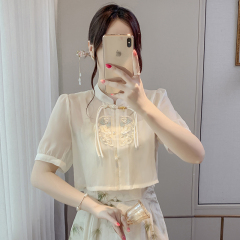 New Chinese style embroidered stand collar button sunscreen shirt for women in summer with suspender skirt top thin sunscreen clothes