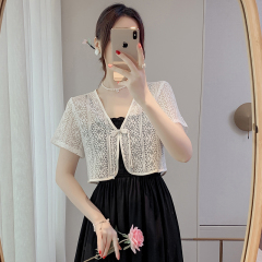 Real photo 2025 summer new retro button lace shawl sunscreen shirt top