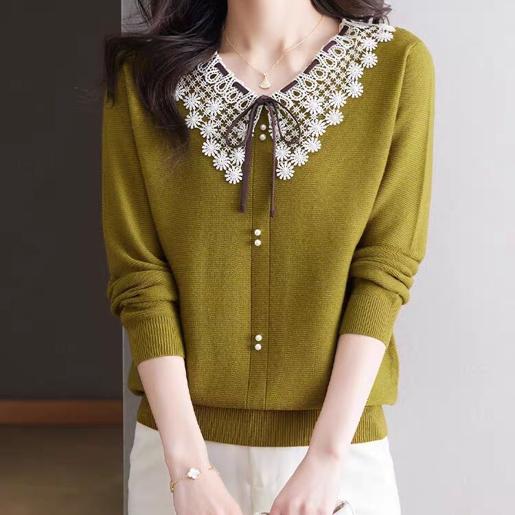 Autumn long-sleeved T-shirt for women with bow knitted top 2025 new unique and beautiful base shirt