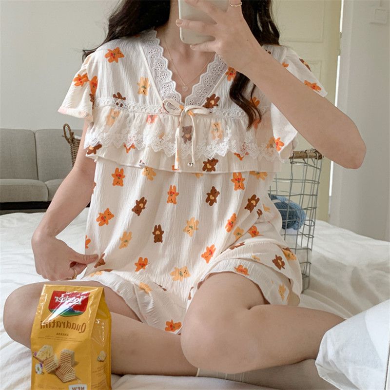 Summer imitation cotton wrinkle cloth V-neck lace shorts shorts pajamas women's suit casual home clothing