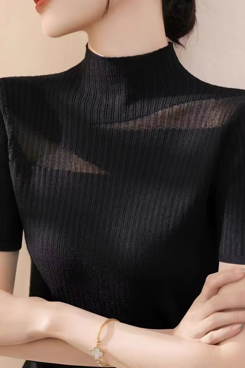 Ice silk sweater 2025 summer new thin hollow half turtleneck mesh lace collar short sleeve slim top for women