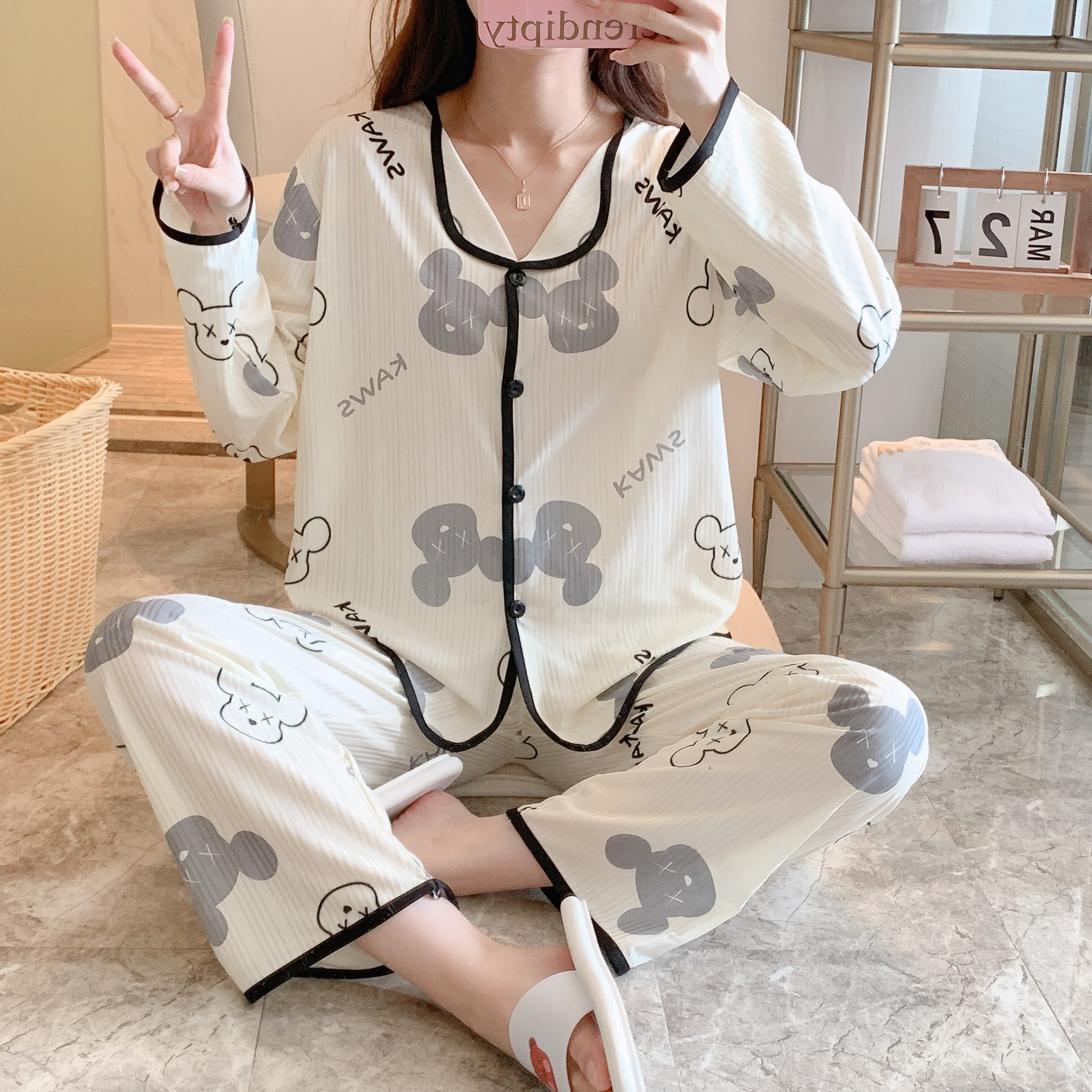 Spring and Autumn Live Pajamas Women's Cardigan Long Sleeve Trousers Milk Silk Strip Sweet Cute Home Clothing Set