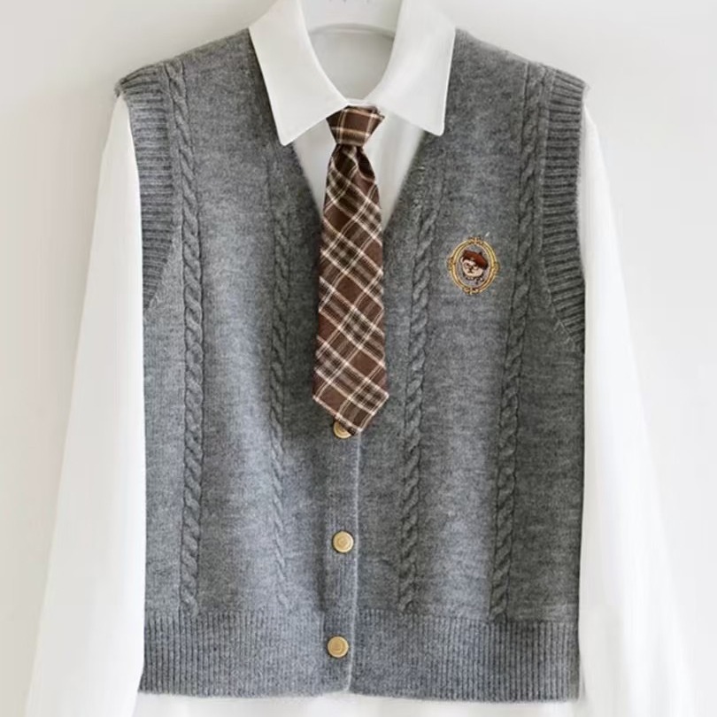 British college style knitted vest autumn and winter layered long-sleeved shirt with tie two-piece suit for women