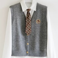 British college style knitted vest autumn and winter layered long-sleeved shirt with tie two-piece suit for women