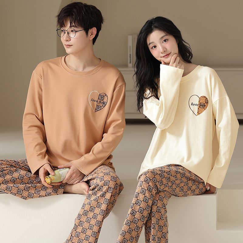 Spring pure cotton couple round neck long sleeve trousers pajamas men and women suit home casual clothing
