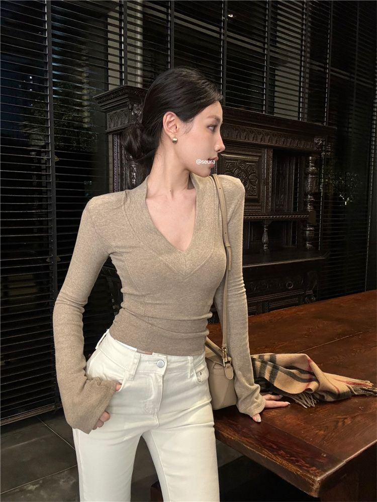 V-neck long-sleeved shoulder knitted women's spring, autumn and winter basic slim inner slim bottom shirt top