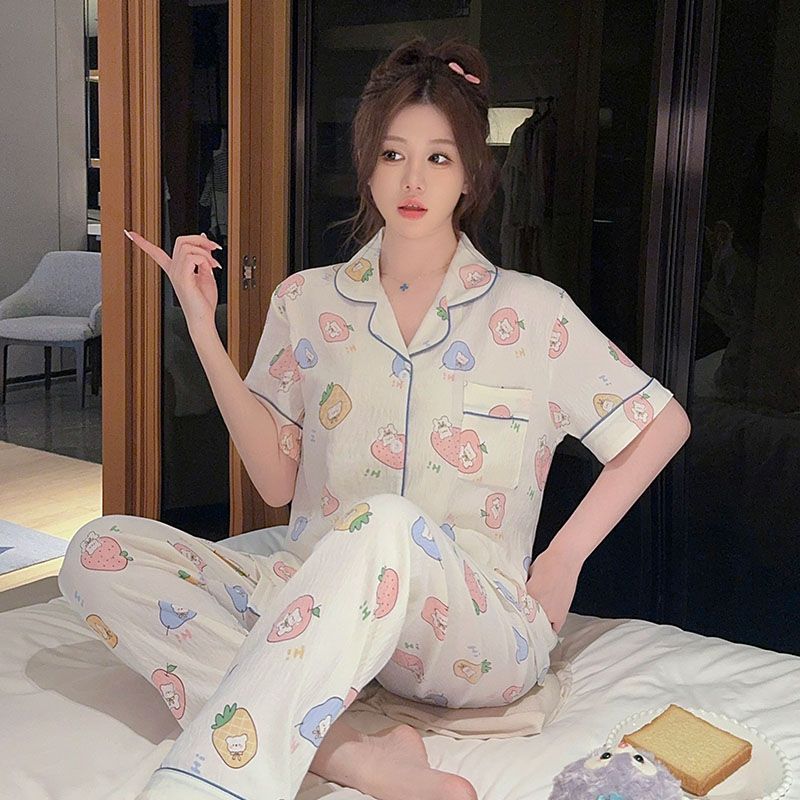 Spring imitation cotton sweet V-neck cardigan long sleeve trousers pajamas women's suit casual home clothes