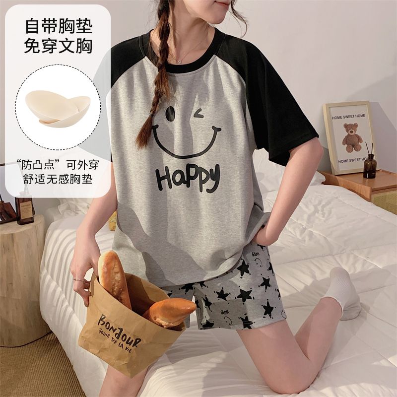 Summer imitation cotton with chest pad cartoon round neck short-sleeved pajamas women's suit casual home clothes