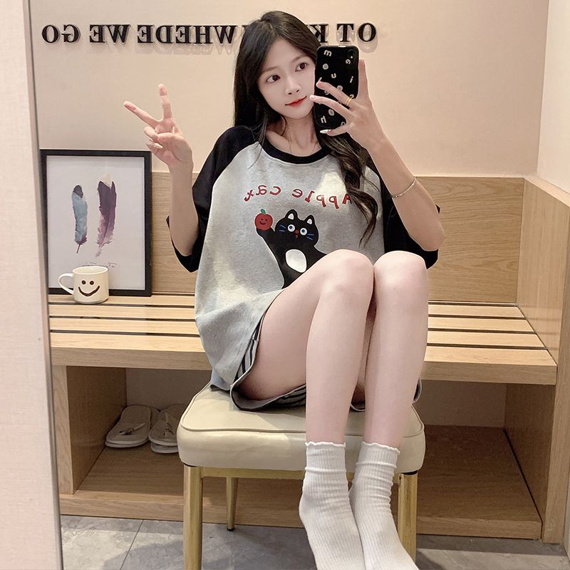 Summer tie-up imitation cotton round neck short sleeve shorts pajamas women's suit casual and comfortable home clothes