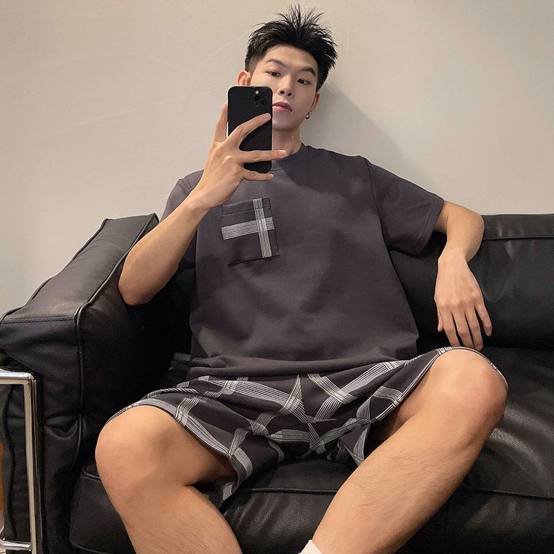 Summer imitation cotton men's round neck short sleeve shorts pajamas men's suit casual home clothes