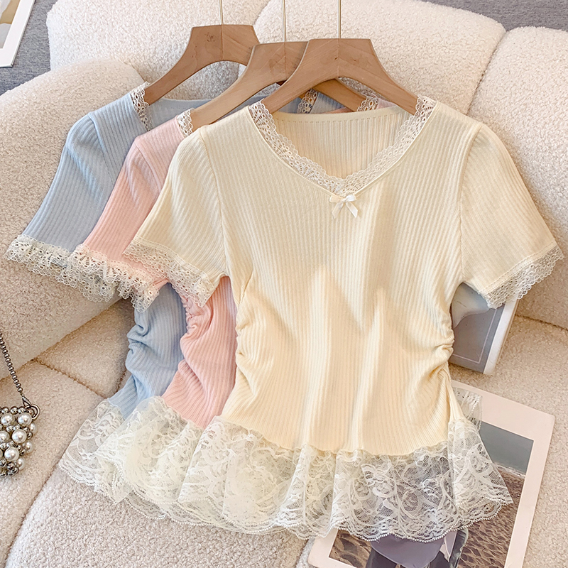 Real shot on the top~ Pink V-neck lace bow short-sleeved T-shirt 2025 summer French skirt hem top