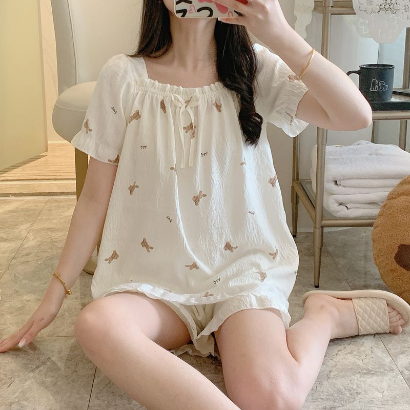 Summer cloud cotton edge square collar one-shoulder short-sleeved pajamas women's suit casual home clothes