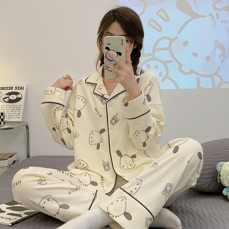 Spring and Autumn Long Sleeve Trousers Cardigan Lapel Imitation Cotton 180g Pajamas Women's Sweet Cartoon Home Clothing Women's Set