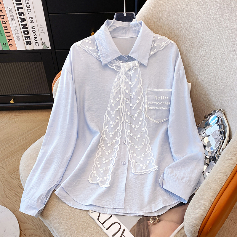 Real photo~ Lace scarf long-sleeved shirt for women 2025 early spring high-end design sense two-piece top