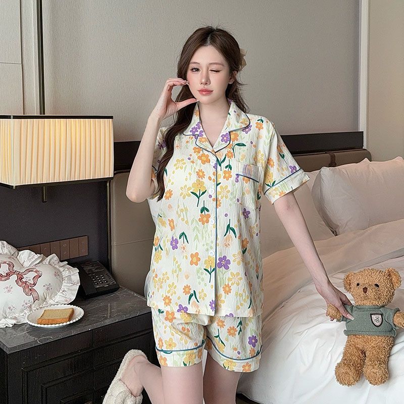 Summer cloud cotton with chest pad plus fat plus size lapel cardigan short pajamas women's suit