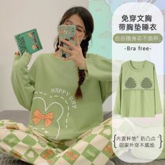 Spring pajamas with chest pad for women's long-sleeved trousers two-piece pajamas round neck pullover printed home clothes can be worn outside