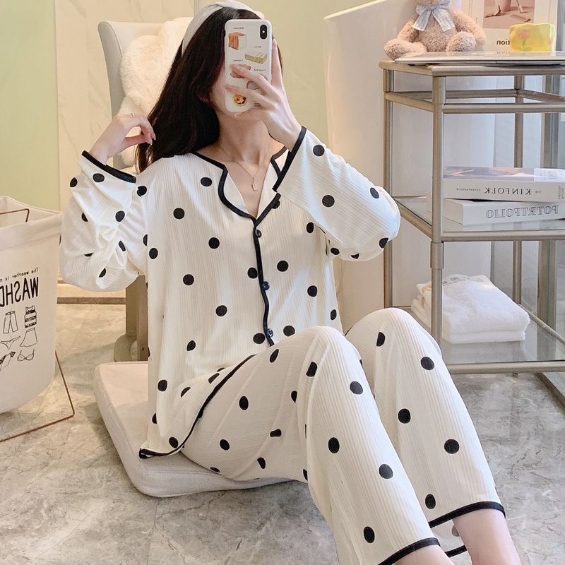 Spring and Autumn Live Pajamas Women's Cardigan Long Sleeve Trousers Milk Silk Strip Sweet Cute Home Clothing Set