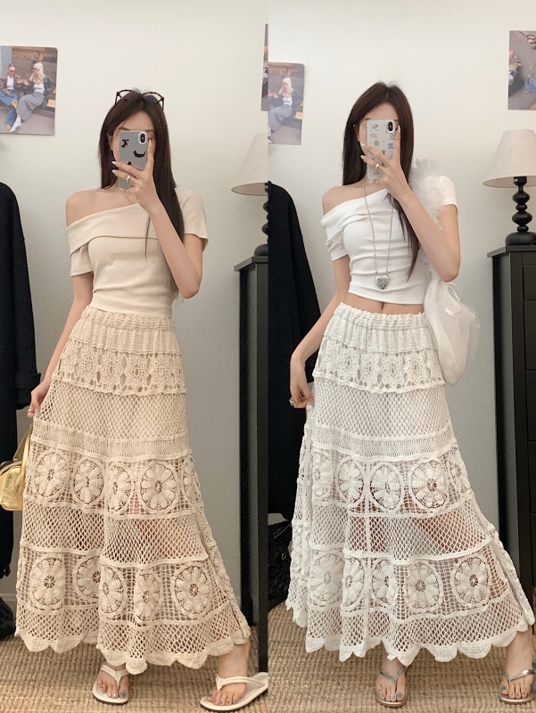 Real shot-2025 spring and summer new large size fat MM bohemian long lace embroidered lace skirt