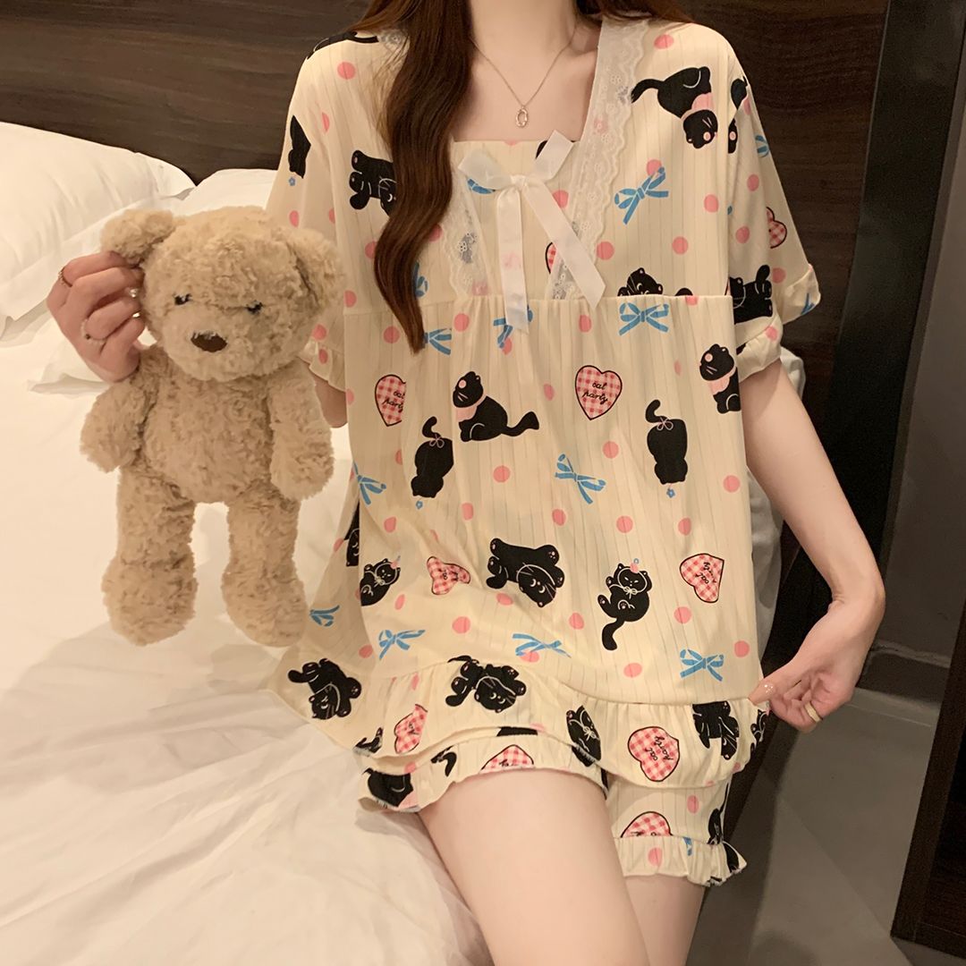 Summer milk silk pit strip lace lace square collar short-sleeved pajamas women's suit home clothes
