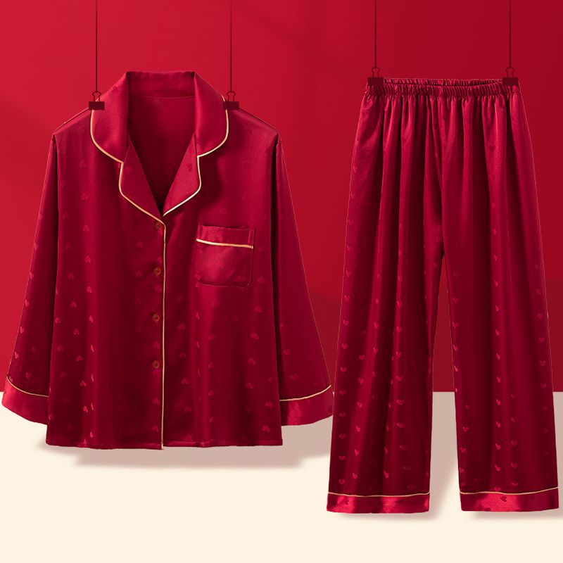 Spring emulated silk wedding plus fat plus large size lapel cardigan long-sleeved pajamas women's suit