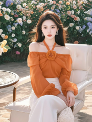 2025 women's new spring style super beautiful halter neck off-shoulder orange three-dimensional flower shirt, rich lady fashionable noble top