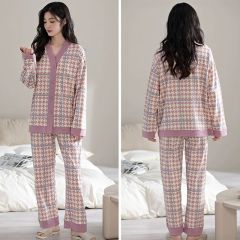 Spring imitation cotton sweet V-neck cardigan long sleeve trousers pajamas women's suit casual home clothes