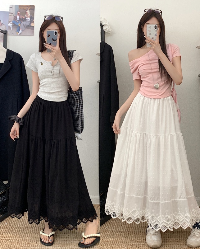 Real shot of 2025 spring new large size fat MM sweet first love polka dot jacquard long lace skirt