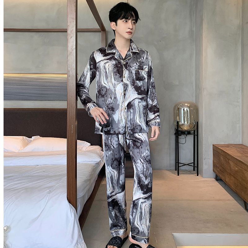 Spring ice silk men's lapel cardigan long sleeve trousers pajamas men's suit home clothes