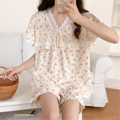 Summer imitation cotton wrinkle cloth V-neck lace shorts shorts pajamas women's suit casual home clothing