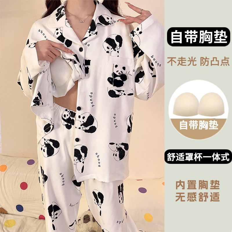 Spring imitation cotton with chest pad lapel cardigan long-sleeved pajamas women's suit home clothes