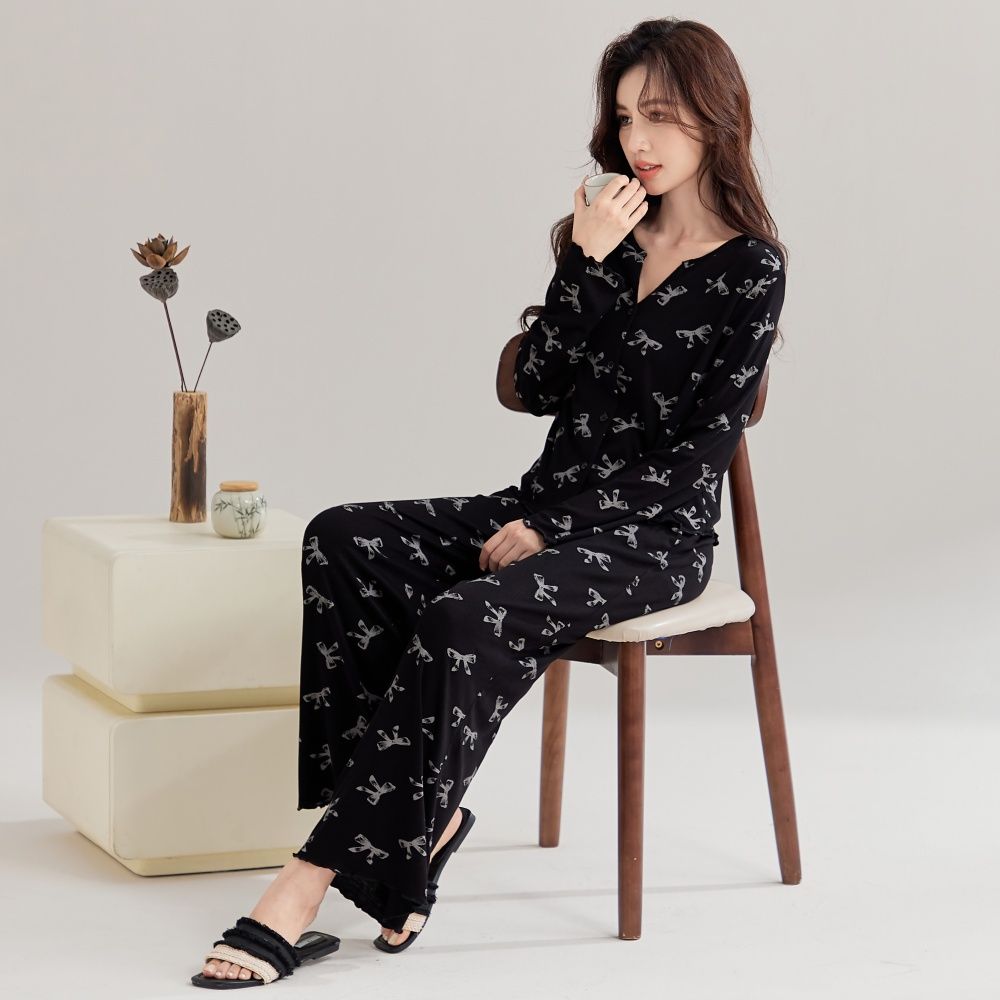 Spring Modal V-neck cardigan long sleeve trousers pajamas women's suit casual home clothing