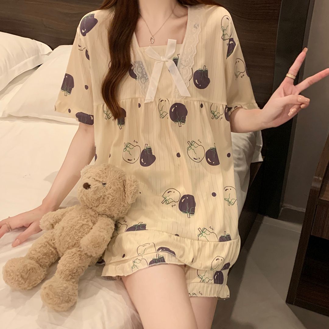 Summer milk silk pit strip lace lace square collar short-sleeved pajamas women's suit home clothes