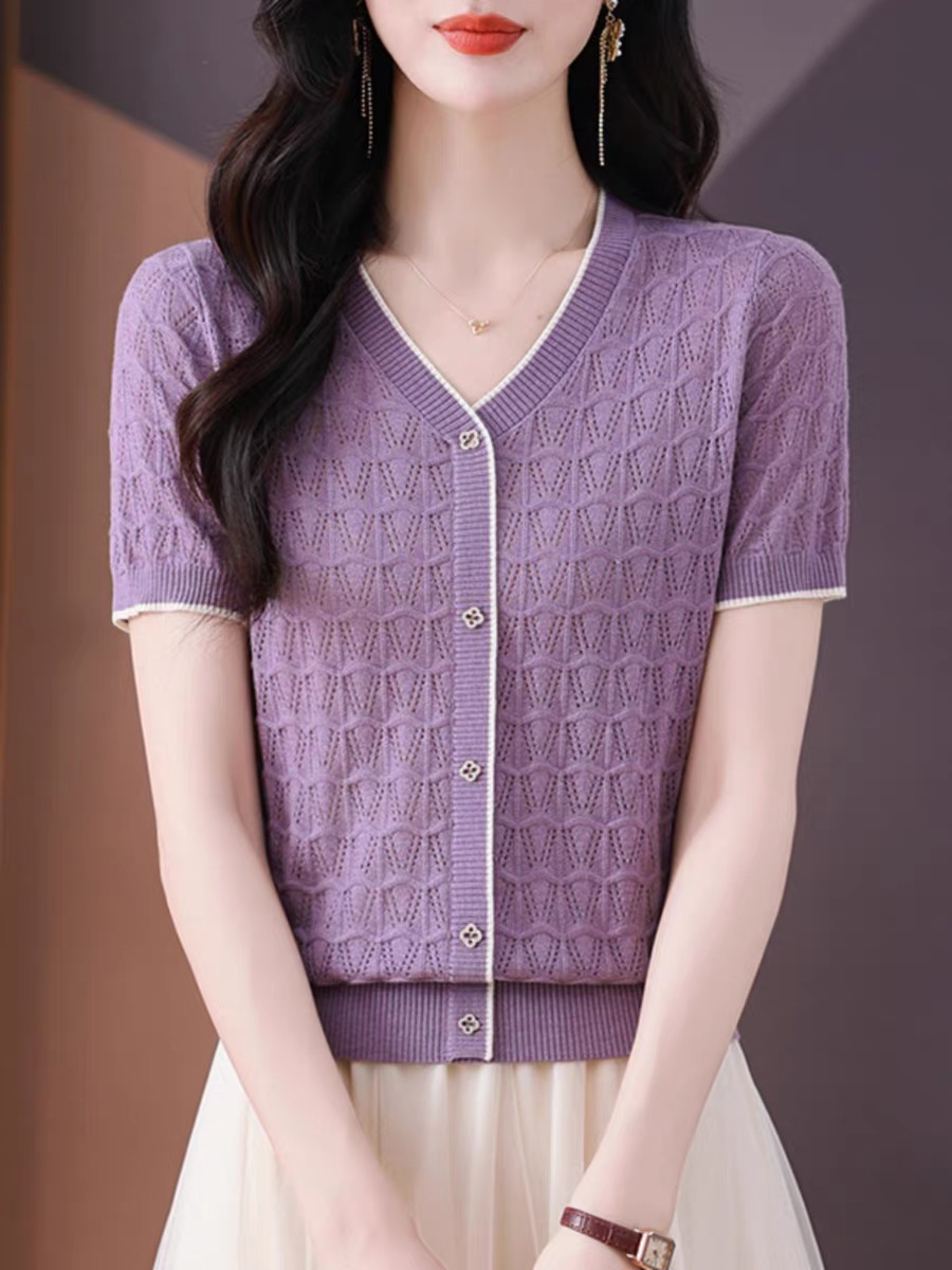 Short-sleeved women's T-shirt summer 2025 new large-size hollow thin age-reducing ice silk knitted shirt top