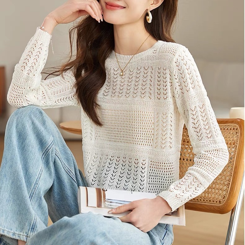 Hollow knitted sweater for women 2025 new spring and autumn suspender outer wear loose blouse long sleeve thin top