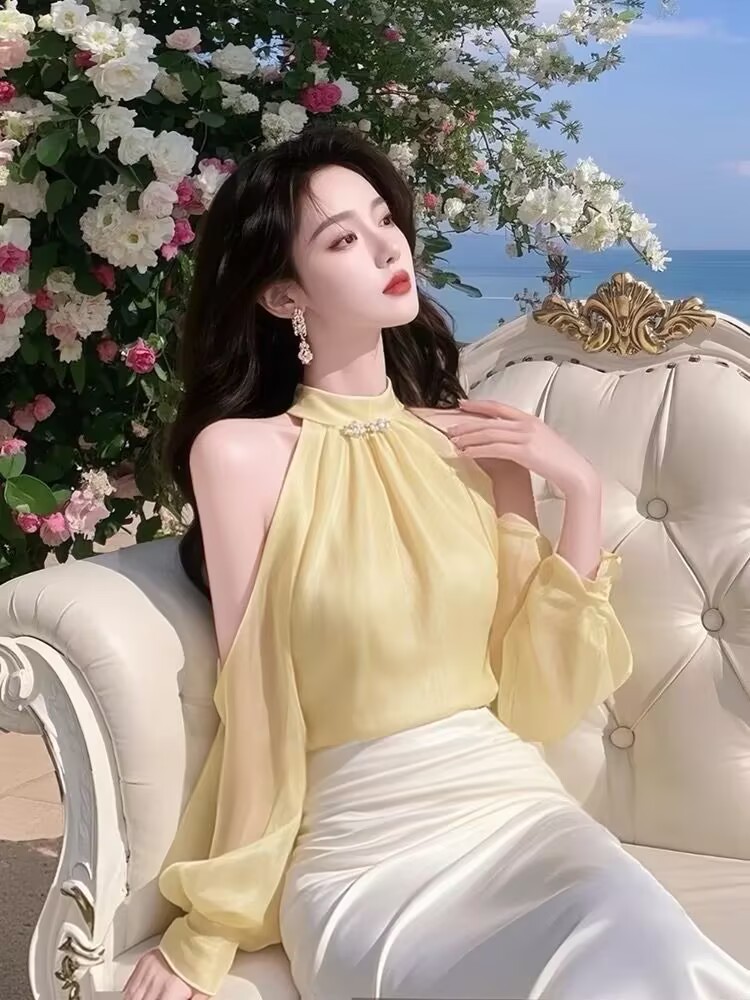 2025 Korean Korean style niche chic top temperament high-end yellow chiffon off-shoulder shirt women's spring