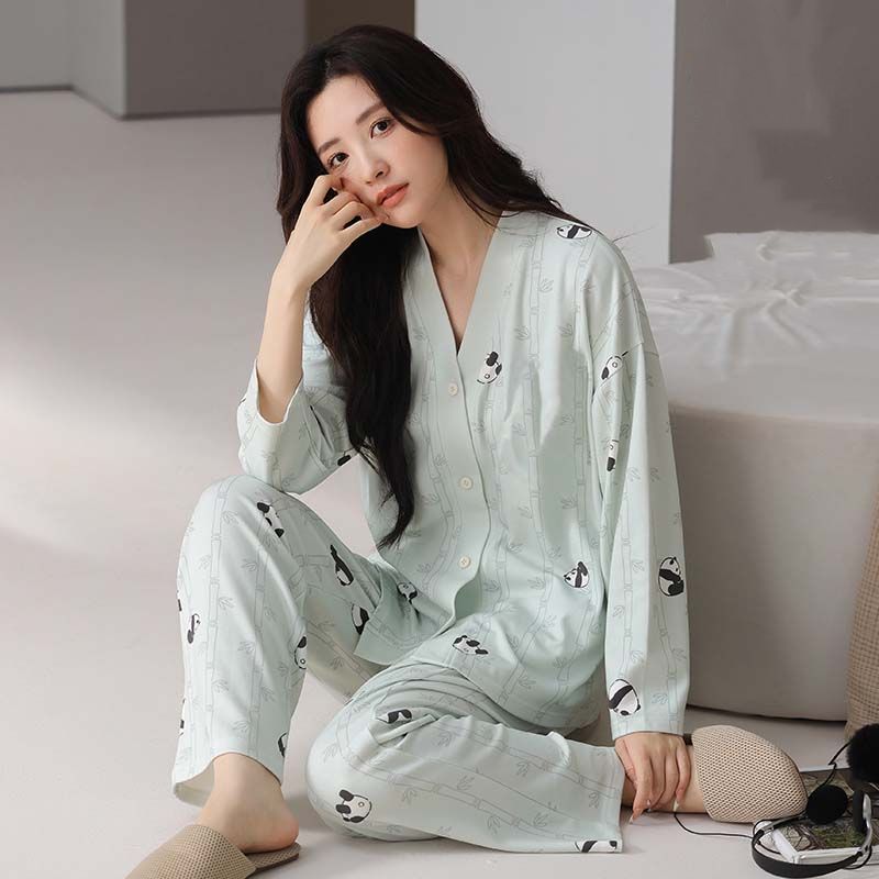 Spring imitation cotton sweet V-neck cardigan long sleeve trousers pajamas women's suit casual home clothes