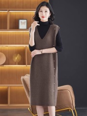 Layered V-neck Vest Vest Skirt Women's Long Outer Sleeveless Early Spring and Autumn Korean Style Knitted Mid-length Skirt