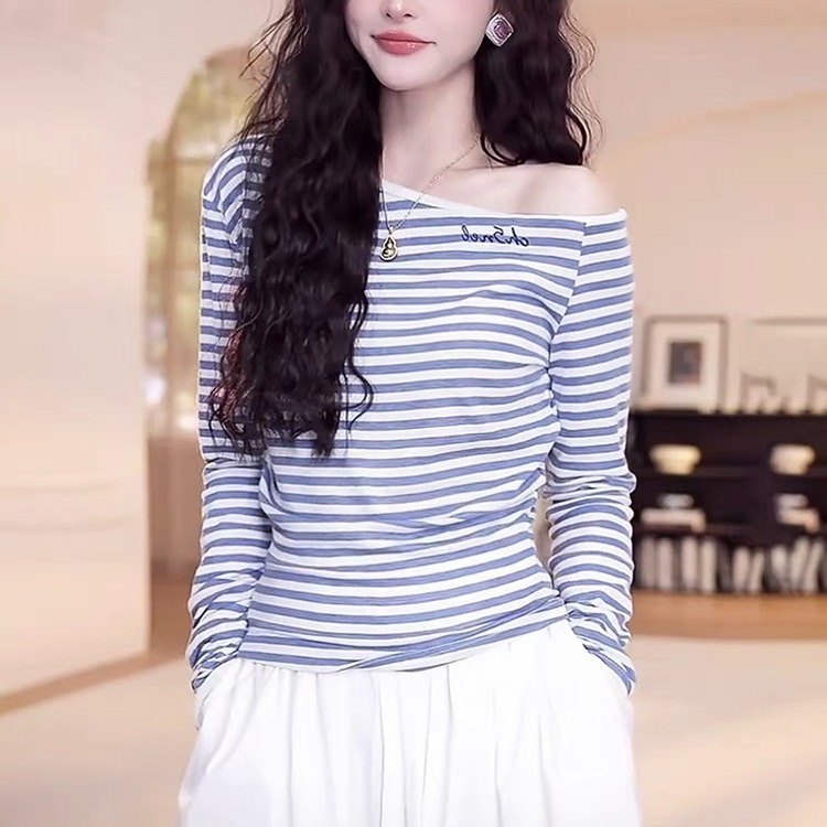 Spring and summer long-sleeved T-shirt base shirt for women 2025 new spring and autumn style niche design striped shoulder top