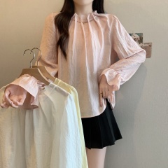 Real shot-2025 large-size women's spring new style fat MM Korean design pleated drawstring sweet slim shirt